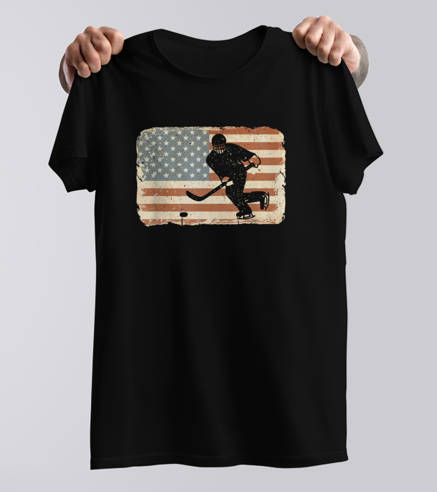Ice Hockey Player With American Flag USA July T-Shirt
