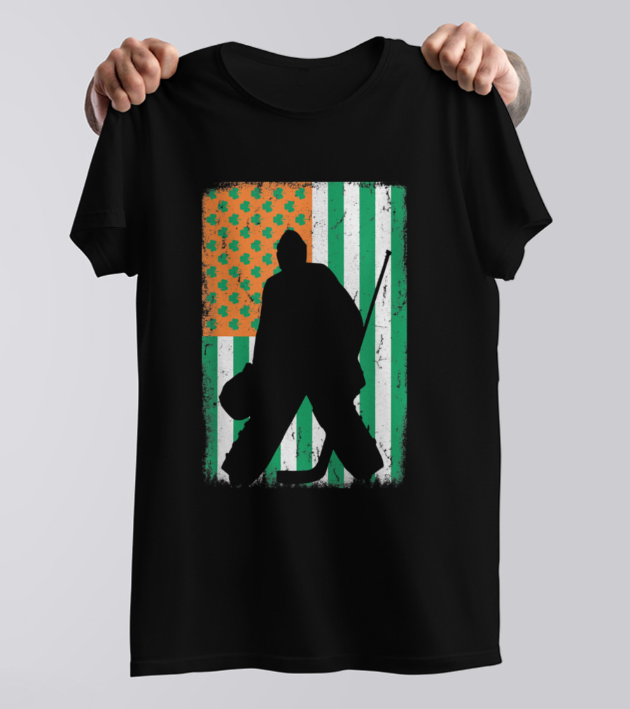 Ice Hockey Goalie With Irish American Flag And Shamrock Design St Patrick's T-Shirt
