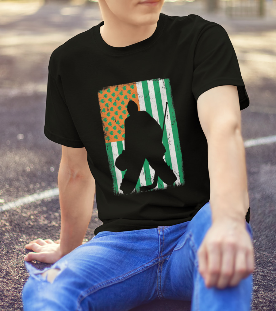 Ice Hockey Goalie With Irish American Flag And Shamrock Design St Patrick's T-Shirt
