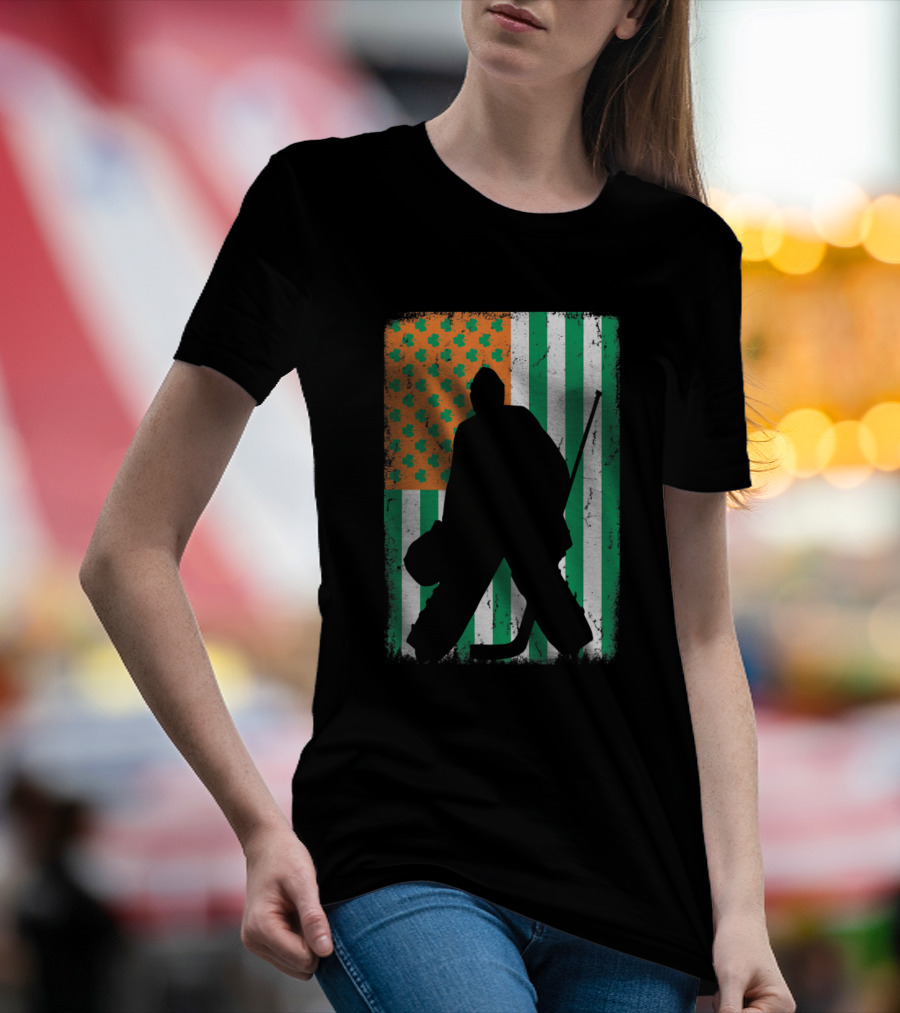 Ice Hockey Goalie With Irish American Flag And Shamrock Design St Patrick's T-Shirt