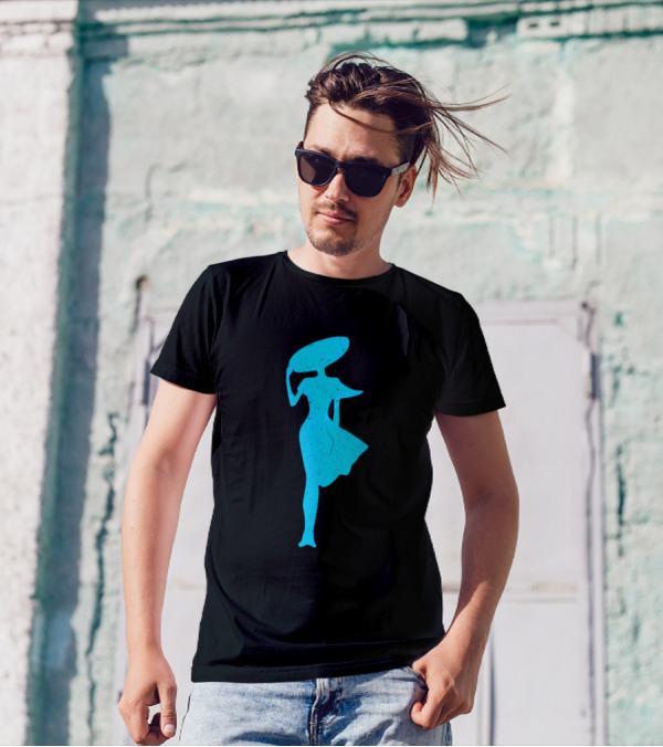 Lady In The Wind Hat Silhouette Blue T-Shirt
