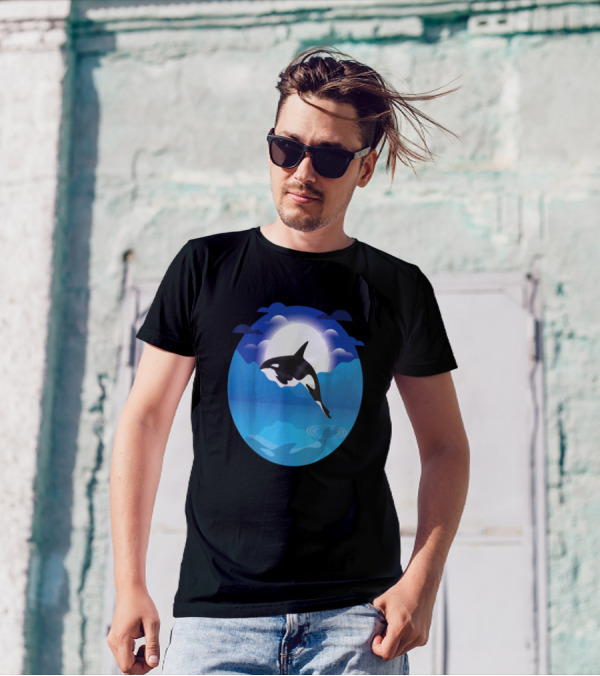 Midnight Orca 363 Full Moon Jump Over Ocean Scene T-Shirt