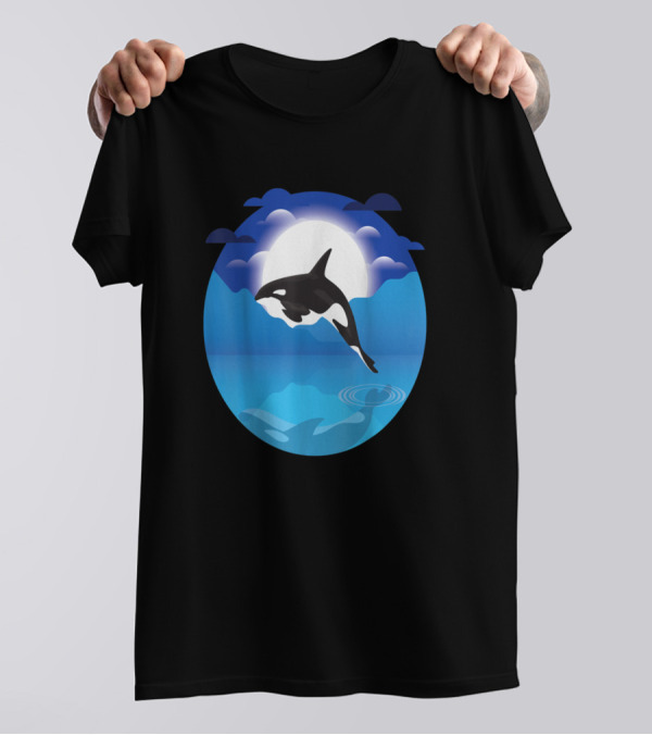 Midnight Orca 363 Full Moon Jump Over Ocean Scene T-Shirt