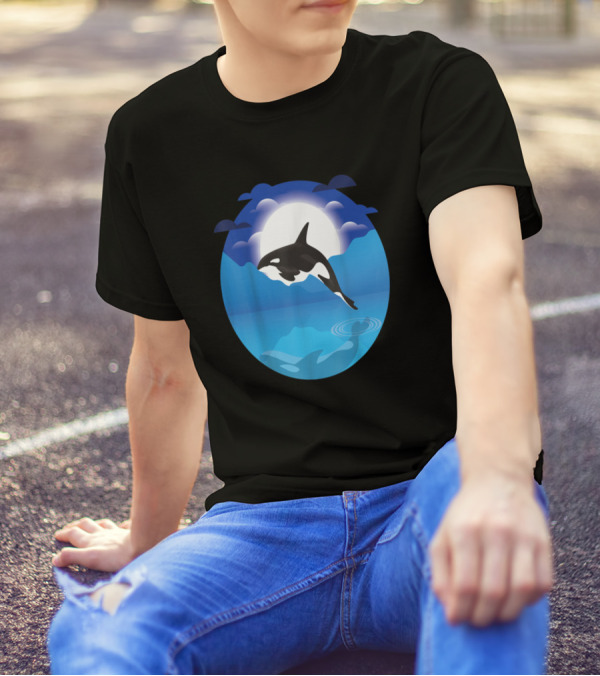 Midnight Orca 363 Full Moon Jump Over Ocean Scene T-Shirt