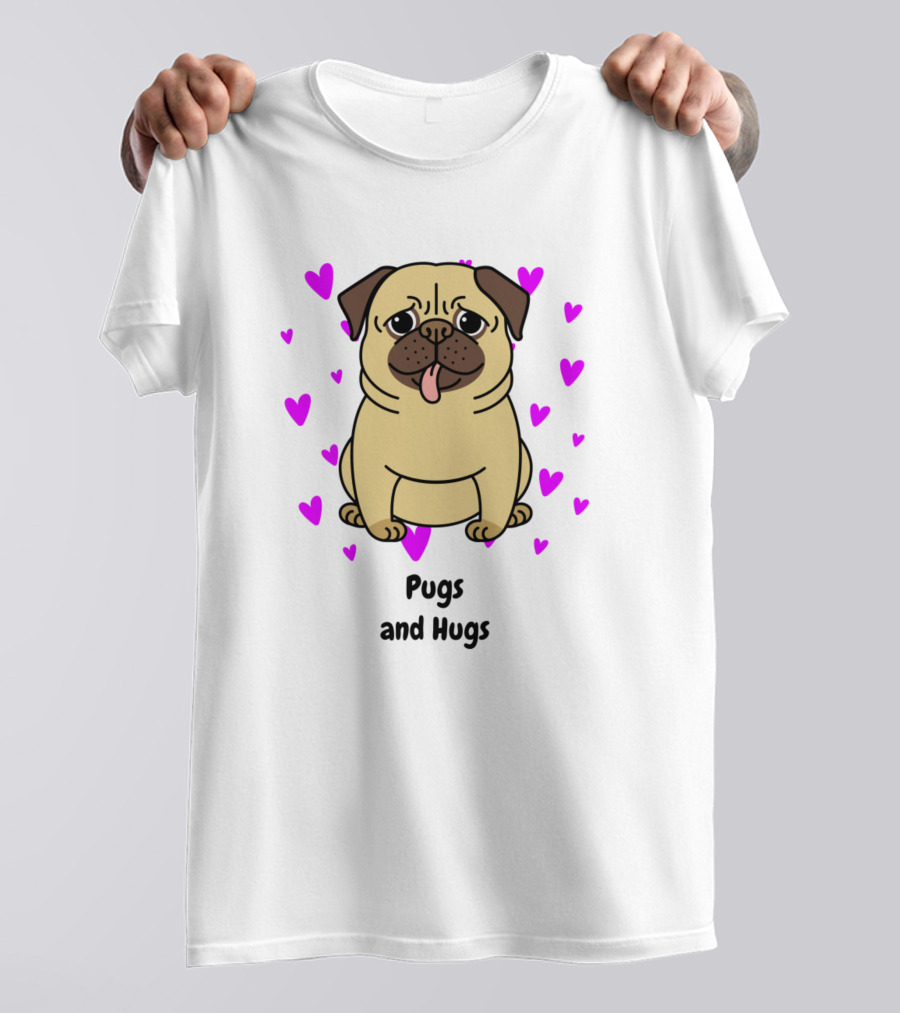 Pugs And Hugs Cute Pug Surrounded By Pink Hearts T-Shirt