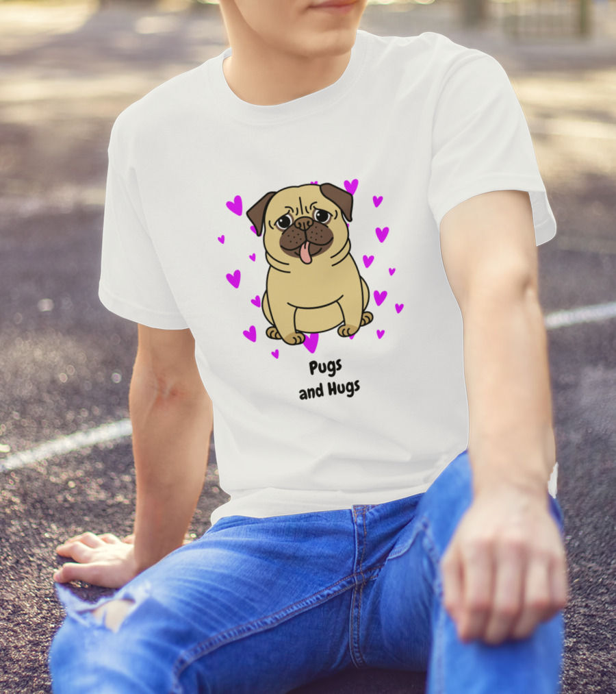 Pugs And Hugs Cute Pug Surrounded By Pink Hearts T-Shirt