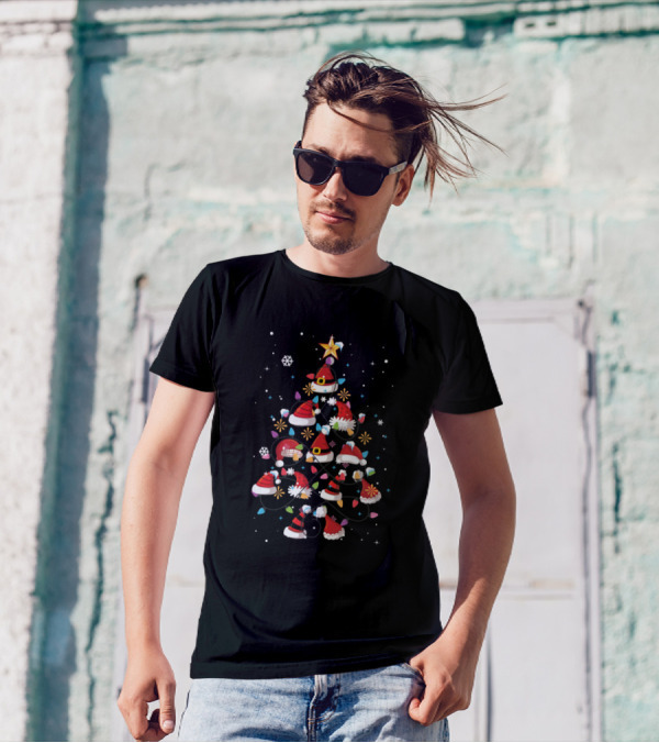 Santas Hat Xmas Christmas Tree Lights Snow Star T-Shirt