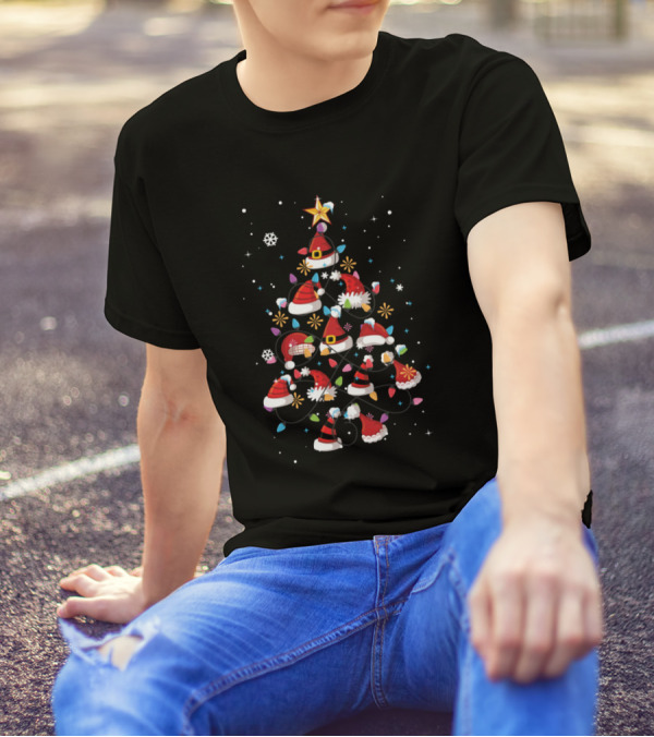 Santas Hat Xmas Christmas Tree Lights Snow Star T-Shirt