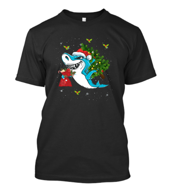 Christmas Santa Shark With Tree And Candy Cane Sharkmas T-Shirt