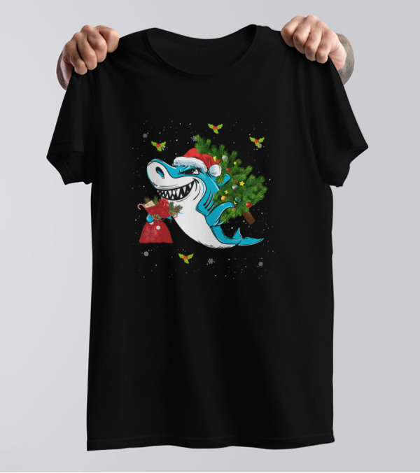 Christmas Santa Shark With Tree And Candy Cane Sharkmas T-Shirt