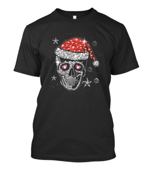 Skull And Diamonds With Festive Santa Hat And Stars T-Shirt