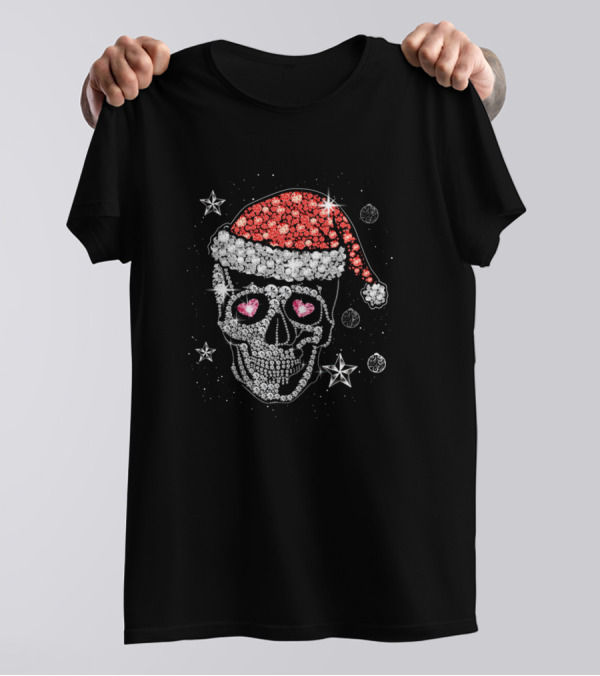 Skull And Diamonds With Festive Santa Hat And Stars T-Shirt