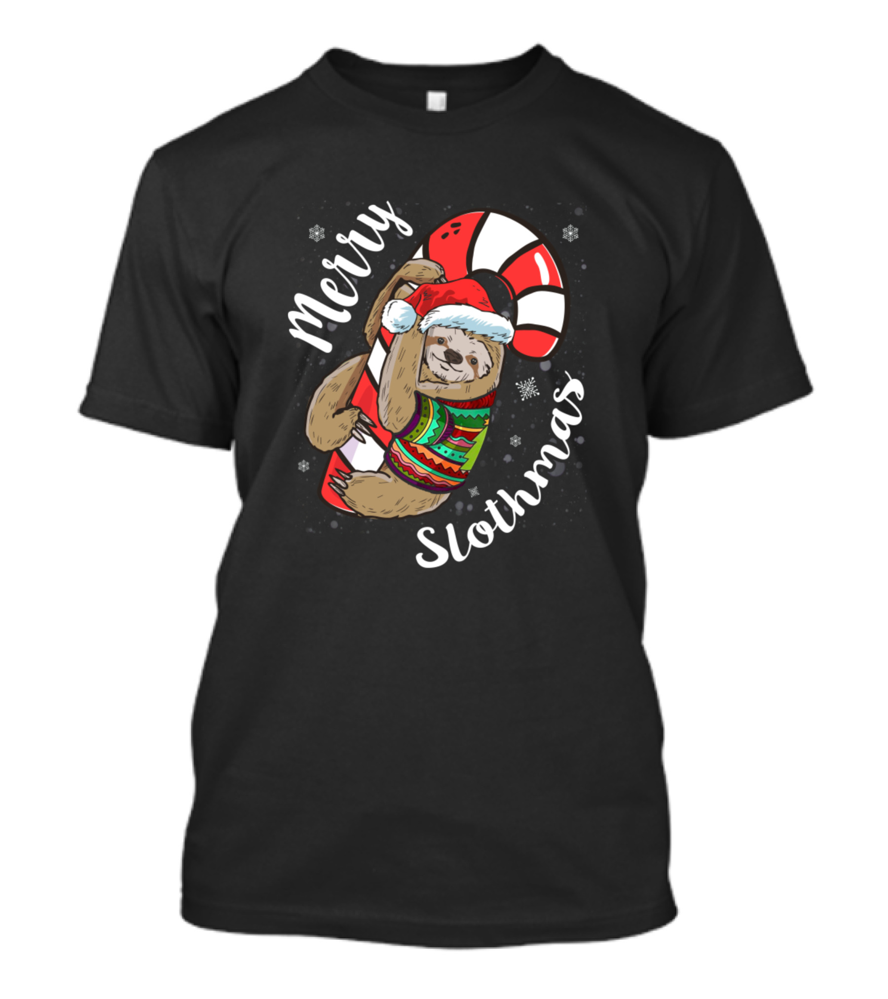Merry Slothmas Sloth With Candy Cane Christmas Sweater Santa Hat T-Shirt