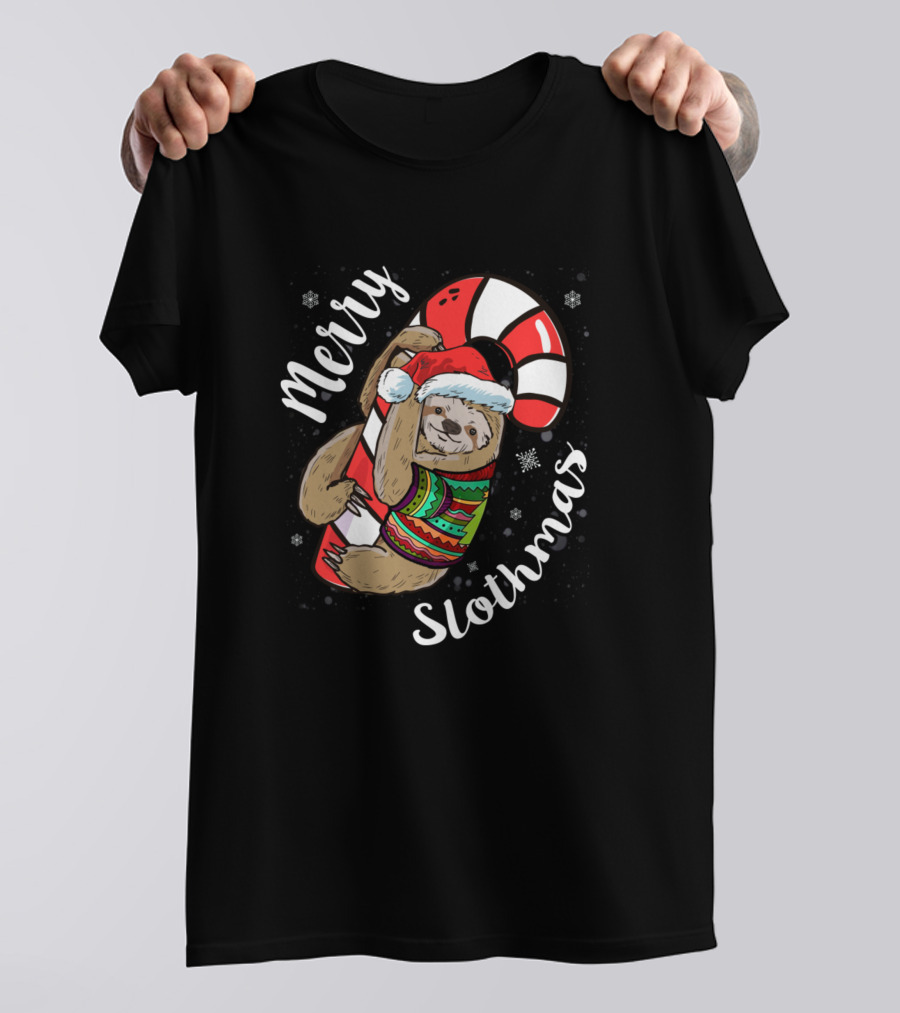 Merry Slothmas Sloth With Candy Cane Christmas Sweater Santa Hat T-Shirt