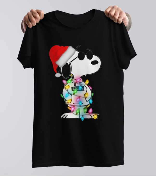 Snoopy Santa Hat Wrapped In Christmas Lights Sunglasses Smirk T-Shirt