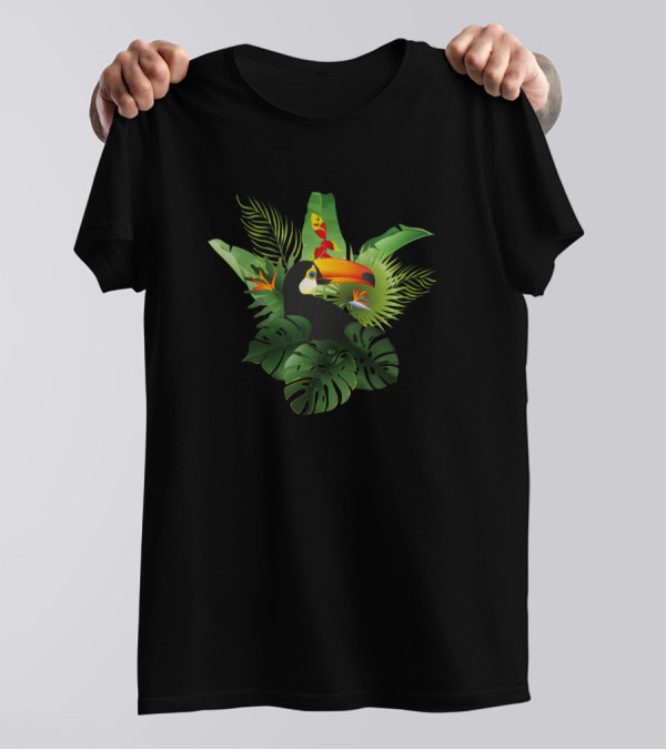 Toucan Tropical Flowers Bird Fly Animal Lover Jungle Foliage And Fauna T-Shirt