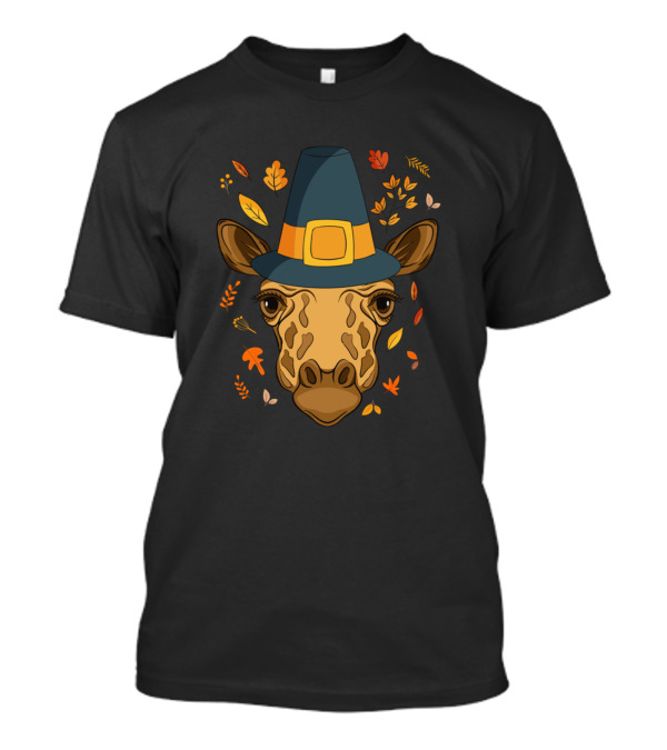 Thanksgiving Pilgrim Hat Giraffe Funny Costume Autumn Leaves T-Shirt