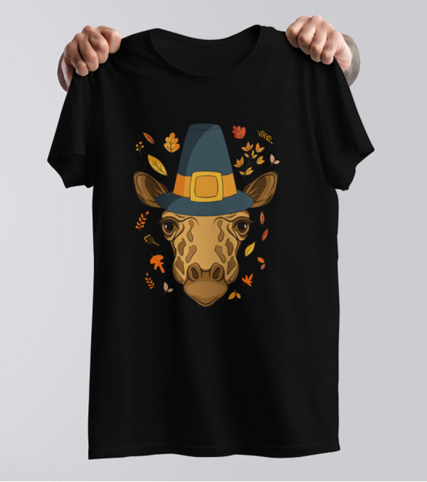 Thanksgiving Pilgrim Hat Giraffe Funny Costume Autumn Leaves T-Shirt