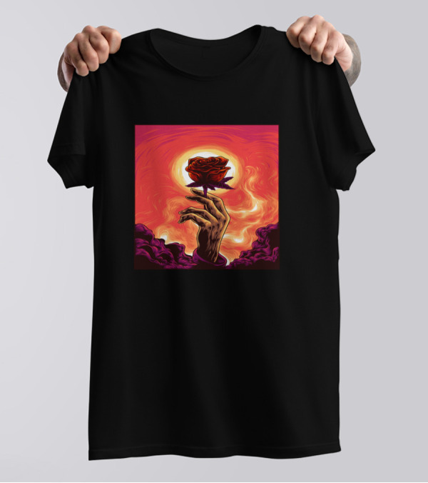 The Last Hope Rose In Hand Against Fiery Sky T-Shirt