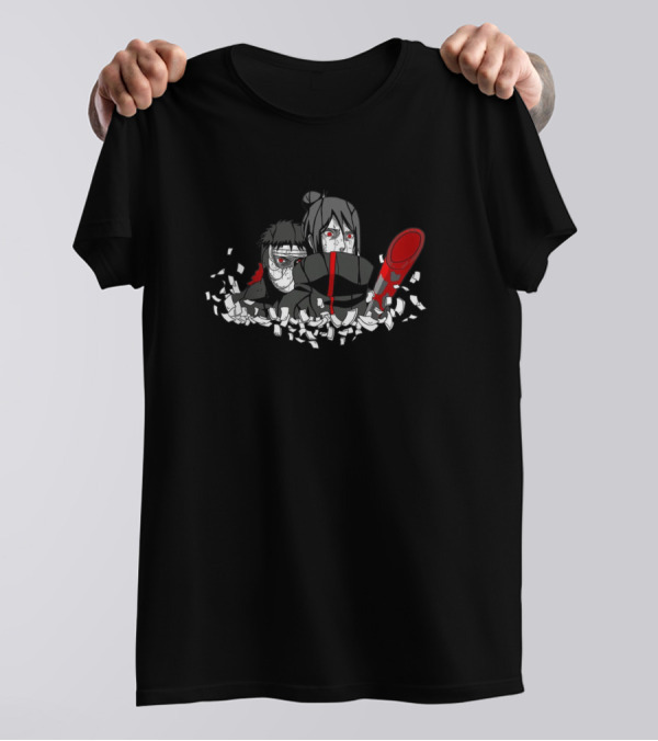 Tobi And Konan Akatsuki Battle Scene With Paper And Red Eyes T-Shirt