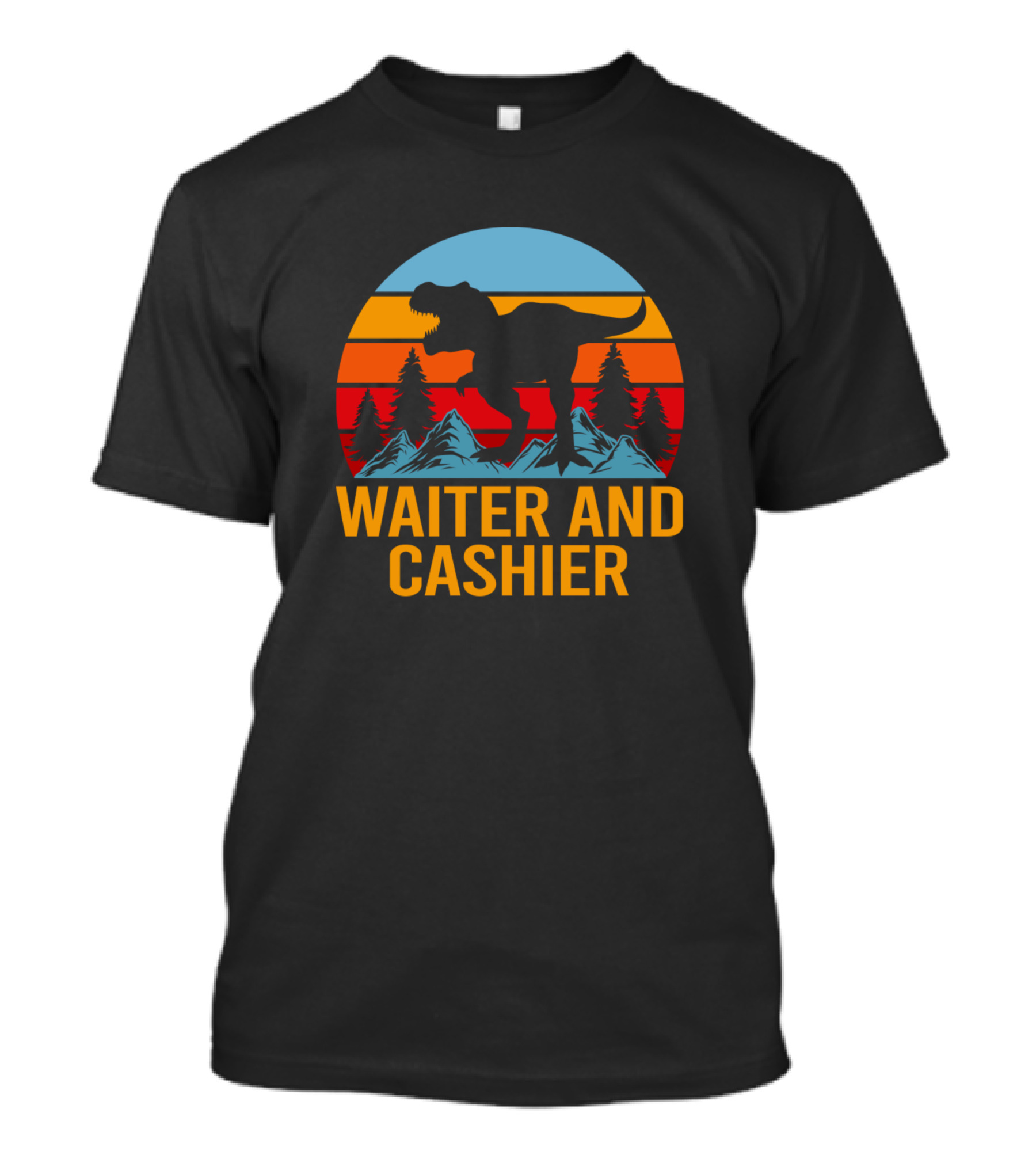 Waiter And Cashier Dinosaur In Retro Sunset T-Shirt
