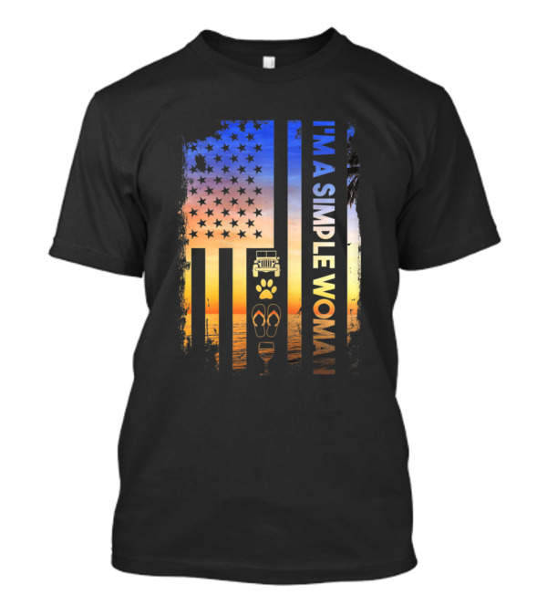 I Am A Simple Woman Love Jeep Dog Beach Sunset American Flag T-Shirt