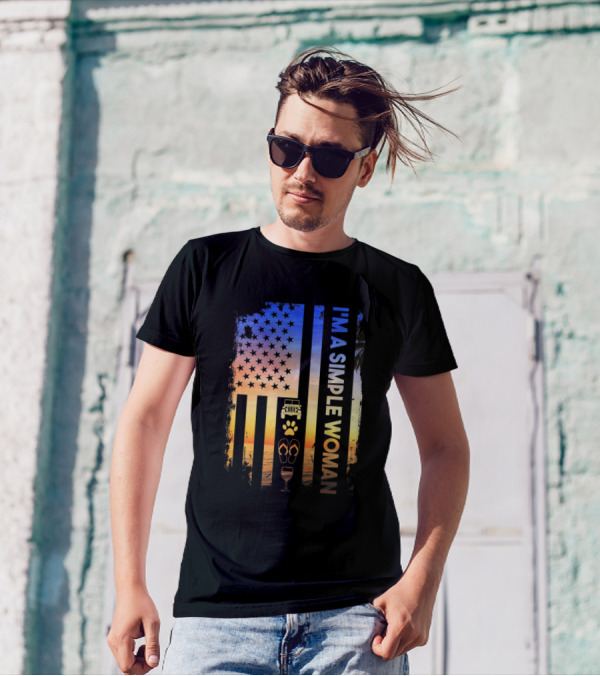 I Am A Simple Woman Love Jeep Dog Beach Sunset American Flag T-Shirt