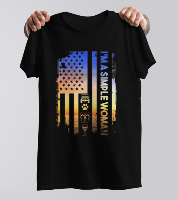 I Am A Simple Woman Love Jeep Dog Beach Sunset American Flag T-Shirt