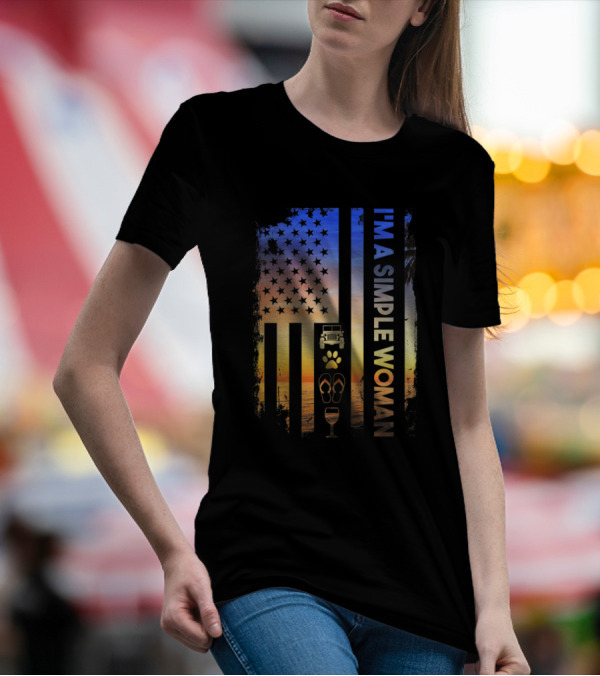 I Am A Simple Woman Love Jeep Dog Beach Sunset American Flag T-Shirt