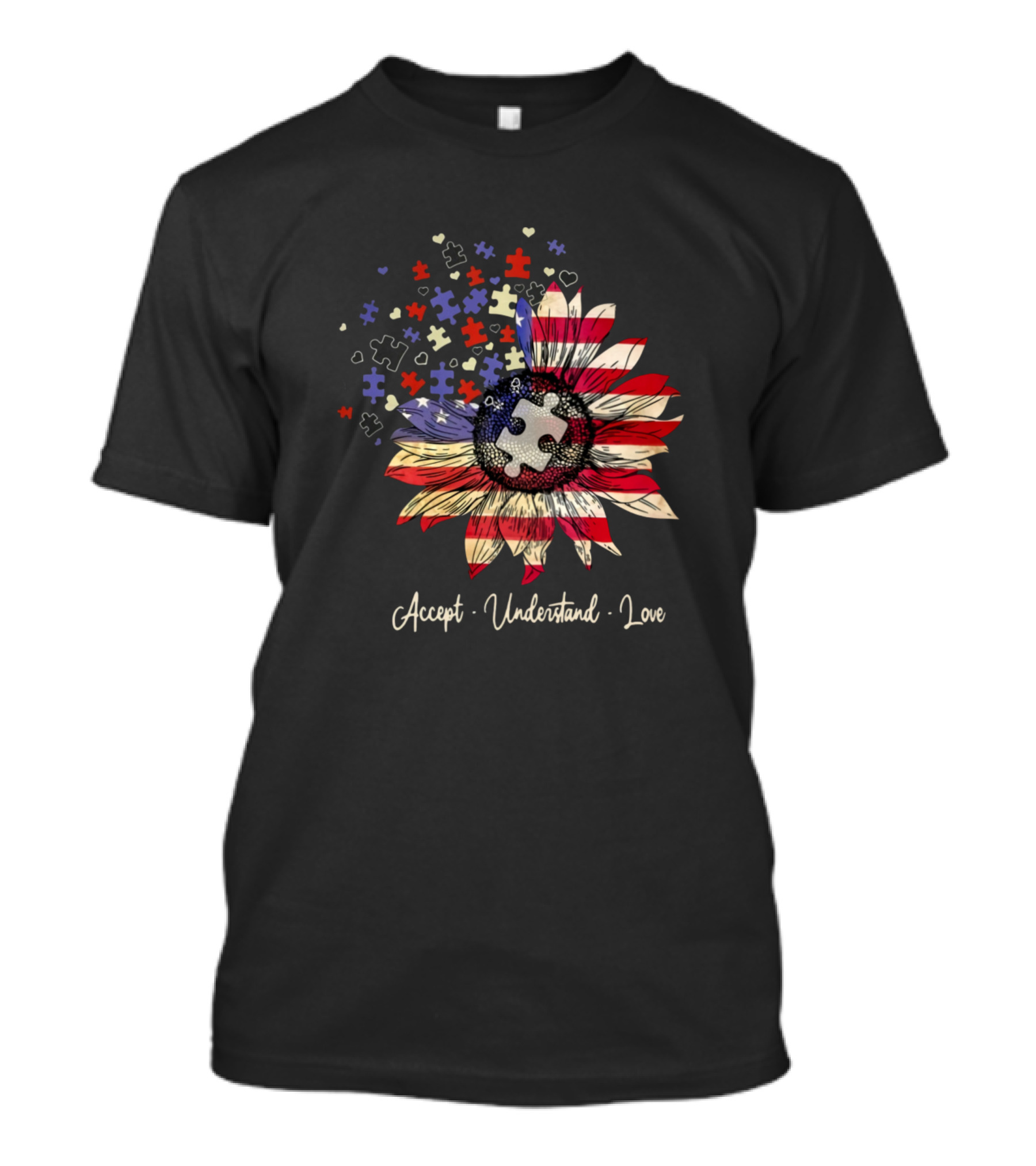 Accept Understand Love American Flag Autism Awareness Puzzle Flower T-Shirt