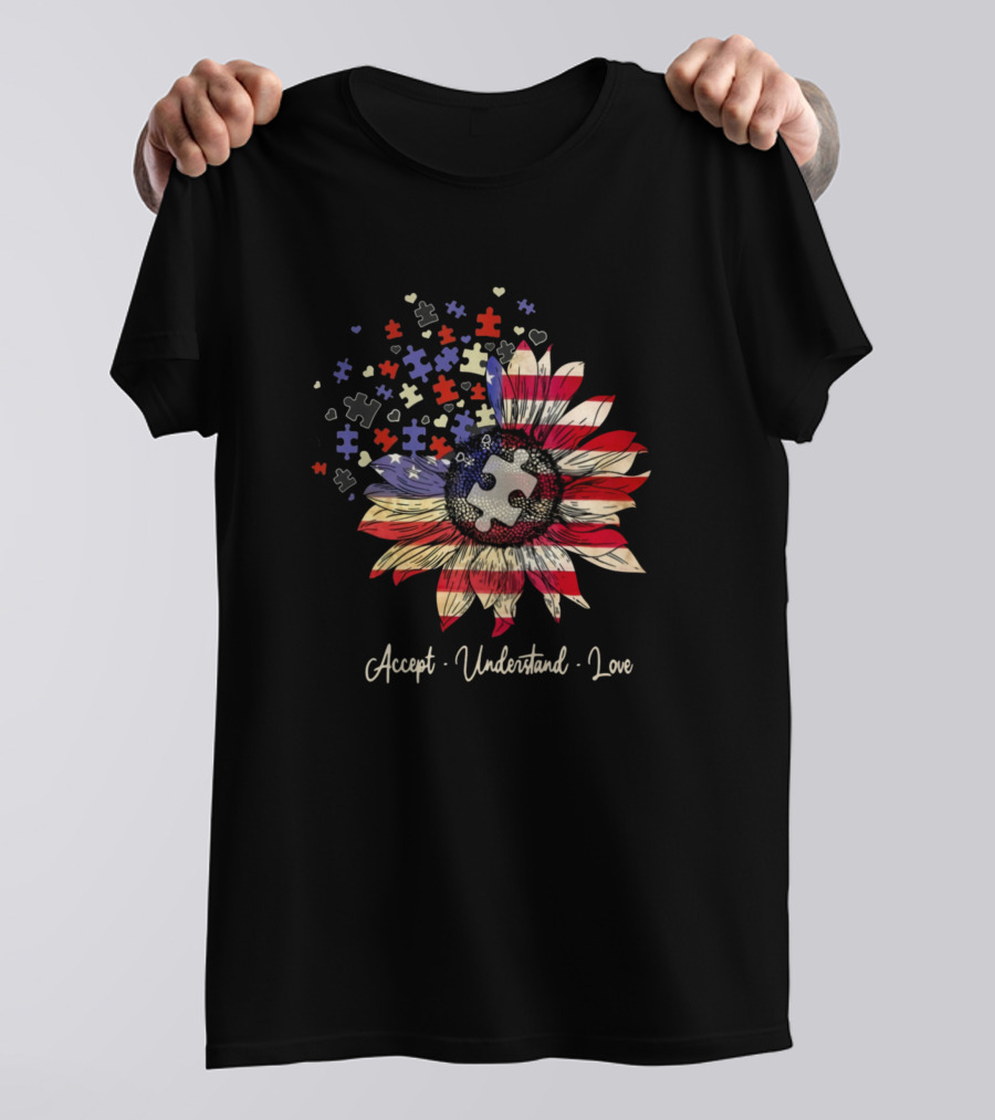 Accept Understand Love American Flag Autism Awareness Puzzle Flower T-Shirt