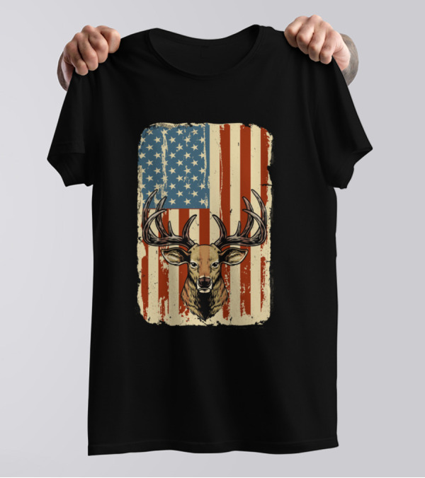 American Flag Deer Hunter Vintage Patriotic T-Shirt