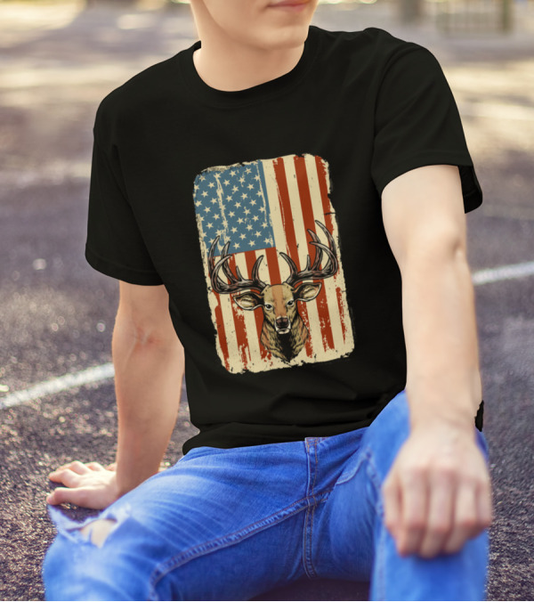 American Flag Deer Hunter Vintage Patriotic T-Shirt
