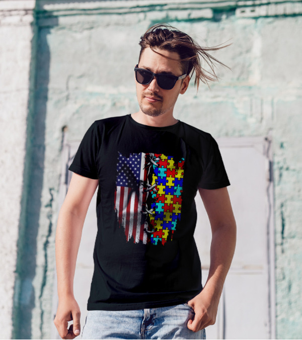 American Flag Autism Puzzle T-Shirt
