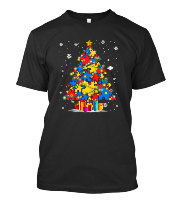 Autism Awareness Puzzle Piece Christmas Tree With Lights And Snowflakes T-Shirt