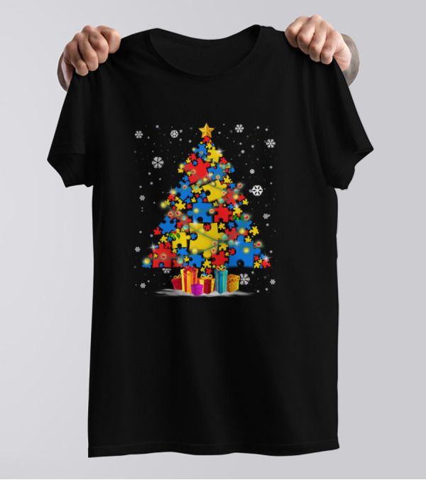 Autism Awareness Puzzle Piece Christmas Tree With Lights And Snowflakes T-Shirt