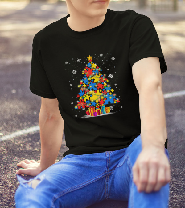Autism Awareness Puzzle Piece Christmas Tree With Lights And Snowflakes T-Shirt