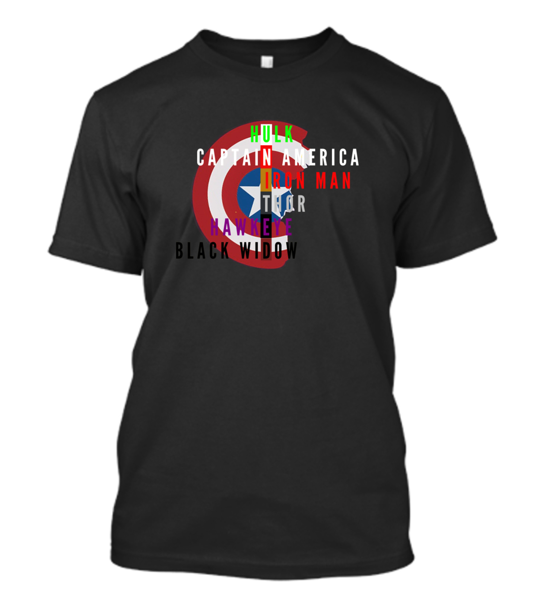 Hulk Captain America Iron Man Thor Hawkeye Black Widow United Shield T-Shirt