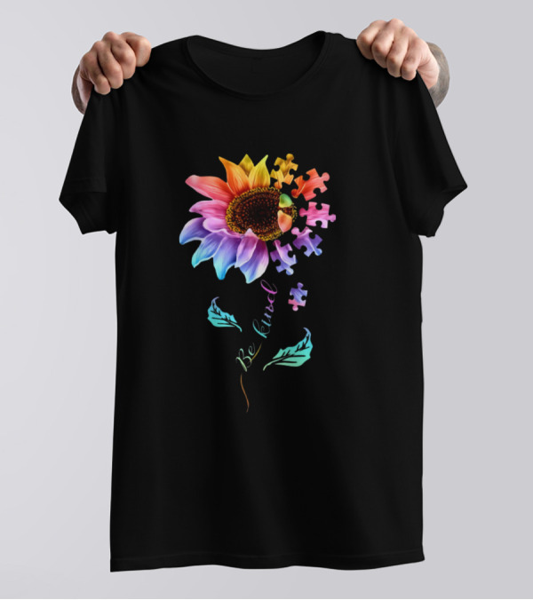 Be Kind Autism Awareness Colorful Sunflower Puzzle Pieces T-Shirt