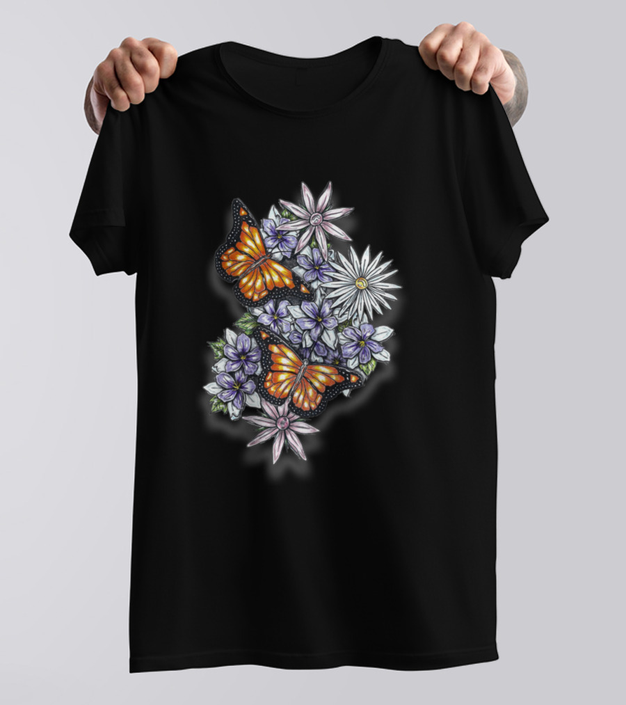 Butterflies And Daisies With Purple Blooms T-Shirt