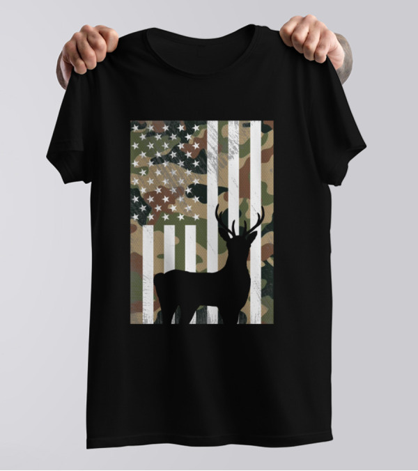 Camo American Flag Deer Hunter Hunting Silhouette Patriotic T-Shirt