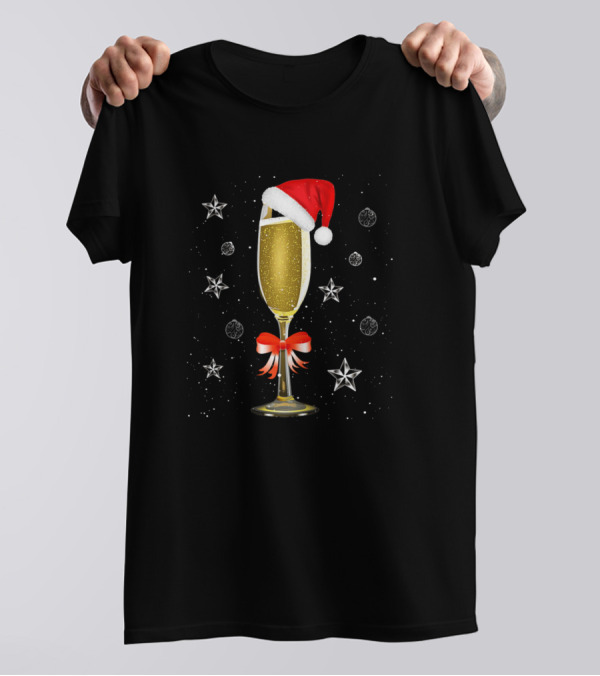 Christmas Santa Hat Champagne Glass With Holiday Stars And Bow Drink T-Shirt