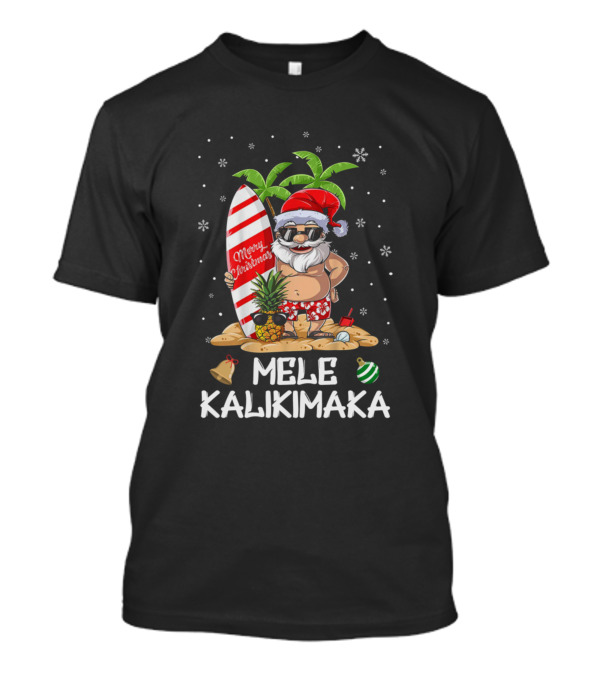 Mele Kalikimaka Merry Christmas Santa With Surfboard And Palm Trees T-Shirt