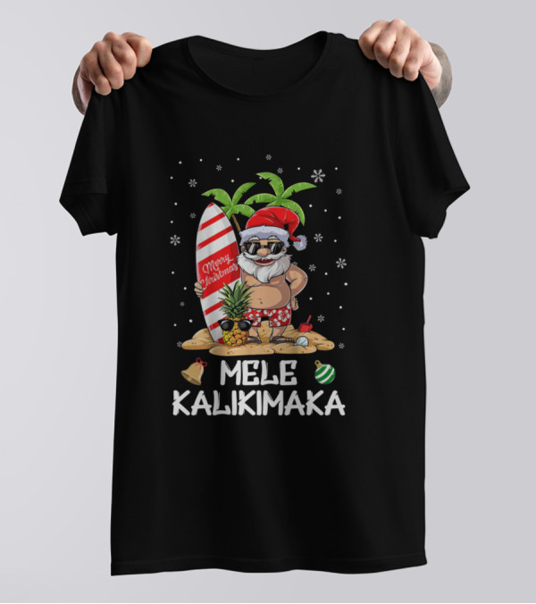 Mele Kalikimaka Merry Christmas Santa With Surfboard And Palm Trees T-Shirt