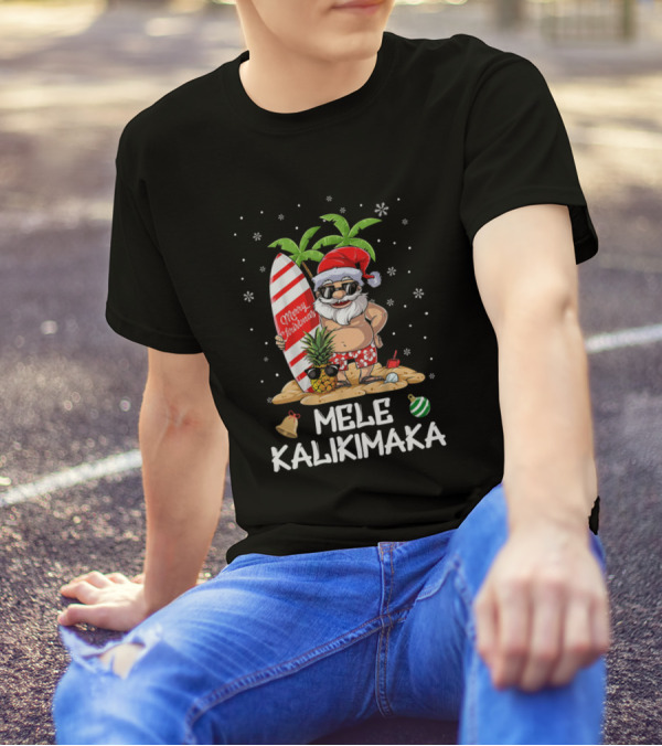 Mele Kalikimaka Merry Christmas Santa With Surfboard And Palm Trees T-Shirt