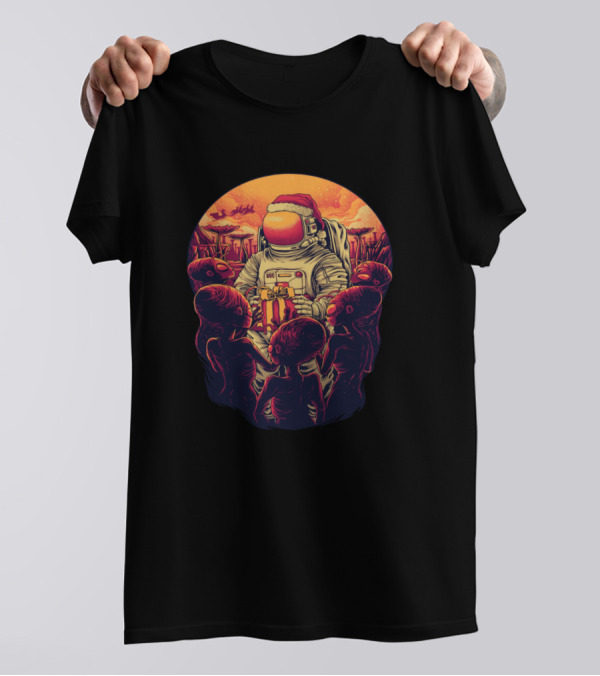 Christmas Santa Astronaut Gift With Aliens On Alien Planet T-Shirt
