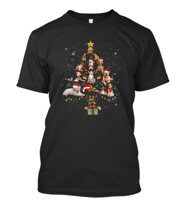 Christmas Tree Dogs Santa Hats Star Holiday Lights T-Shirt
