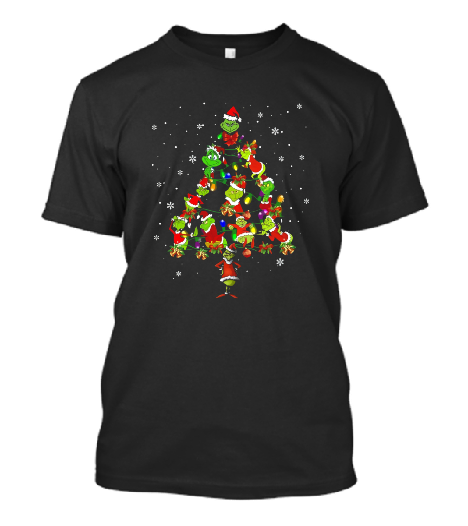 Grinch Christmas Tree With Holiday Lights And Snowflakes T-Shirt