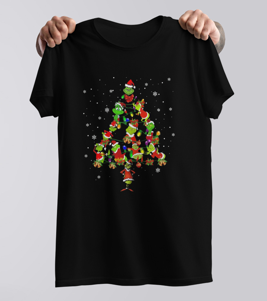 Grinch Christmas Tree With Holiday Lights And Snowflakes T-Shirt