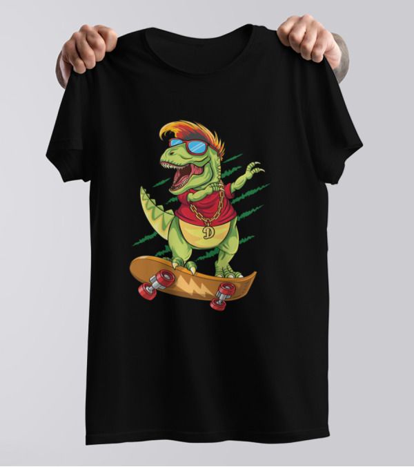 Dabbing Rex Cool Skateboarding Dinosaur Skater With Sunglasses And Chain T-Shirt